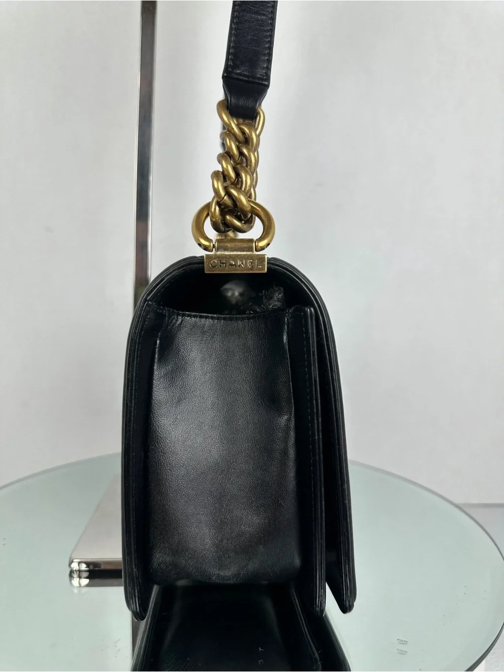 CHANEL BOY LEATHER flap Bag BLK Medium SHW